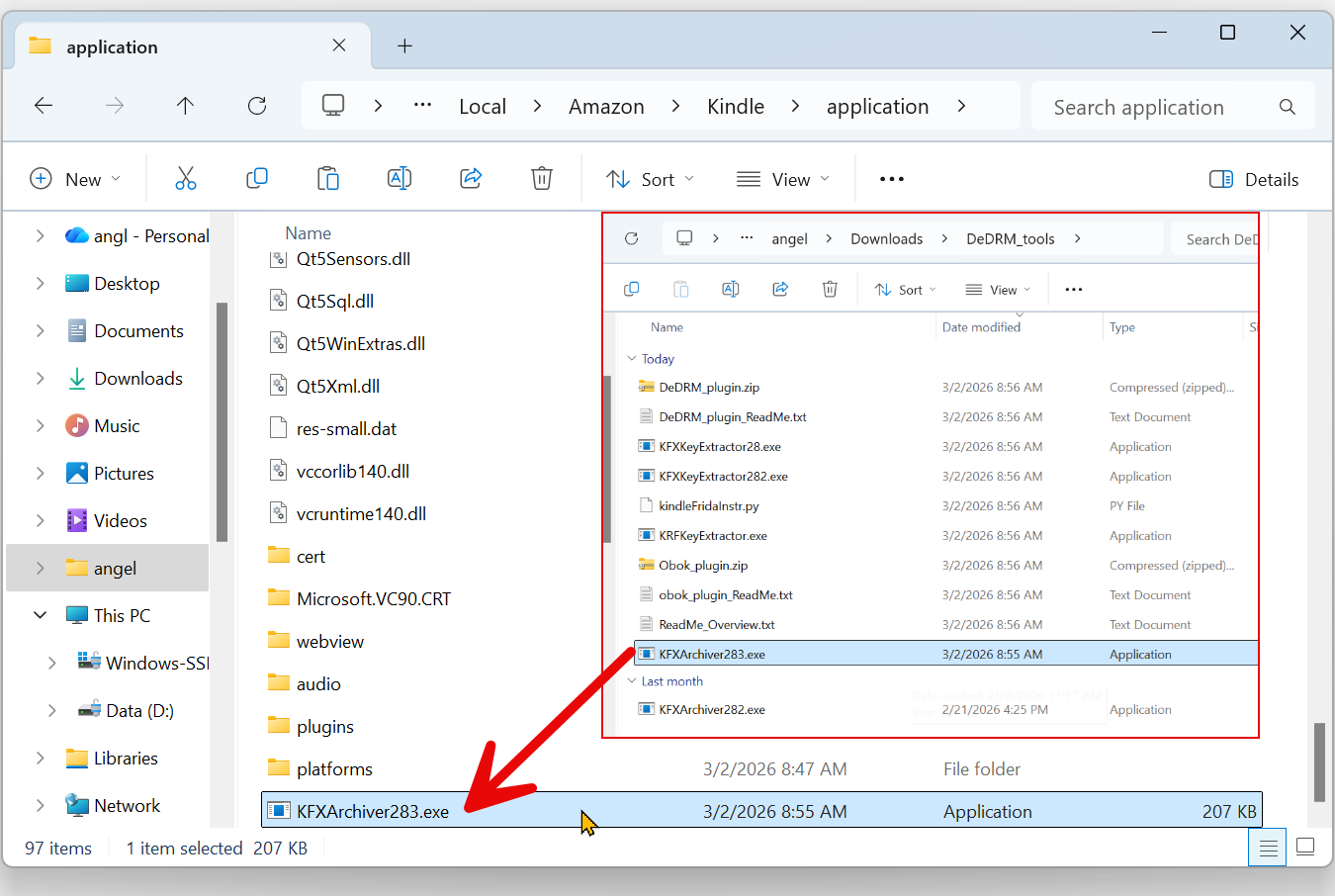 kfxearchiverをkindleアプリ場所へコピー